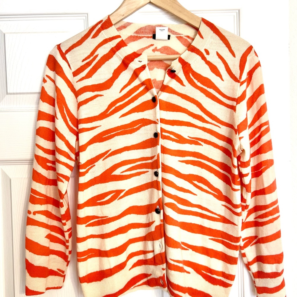 Orange and White Zebra Print J. Crew Women's Cardigan Sweater